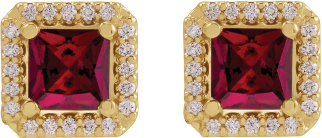 14K Gold Lab-Grown Ruby Square 4-Prong Halo-Style Earring - Yellow Gold - view 2