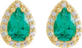 14K Gold Lab-Grown Emerald Pear 4-Prong Halo-Style Low Stud Earring - Yellow Gold - view 4