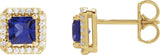 14K Gold Lab-Grown Blue Sapphire Square 4-Prong Halo-Style Earring - Yellow Gold