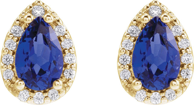 14K Gold Lab-Grown Blue Sapphire Pear 4-Prong Halo-Style Low Stud Earring - Yellow Gold - view 4
