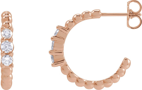 14K Gold Round Natural Diamond Accented Beaded Hoop Earrings II - Rose Gold