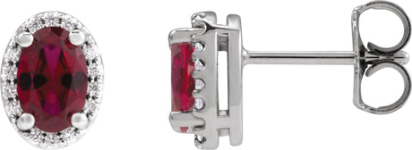 Platinum Lab-Grown Ruby Oval 4-Prong Halo-Style Low Stud Earring