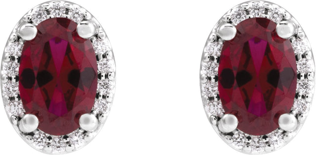 14K Gold Lab-Grown Ruby Oval 4-Prong Halo-Style Low Stud Earring - White Gold - view 2