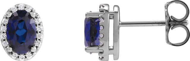 14K Gold Lab-Grown Blue Sapphire Oval 4-Prong Halo-Style Low Stud Earring - White Gold
