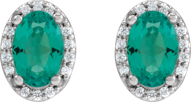 Platinum Lab-Grown Emerald Oval 4-Prong Halo-Style Low Stud Earring - view 2