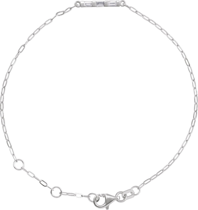 14K Gold Straight Baguette Natural Diamond Accented Bar Link Bracelet - White Gold