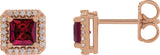 14K Gold Lab-Grown Ruby Square 4-Prong Halo-Style Earring - Rose Gold
