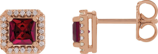 14K Gold Lab-Grown Ruby Square 4-Prong Halo-Style Earring - Rose Gold