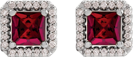Platinum Lab-Grown Ruby Square 4-Prong Halo-Style Earring - view 2