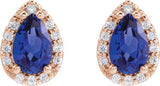 14K Gold Lab-Grown Blue Sapphire Pear 4-Prong Halo-Style Low Stud Earring - Rose Gold - view 4