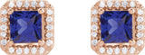 14K Gold Lab-Grown Blue Sapphire Square 4-Prong Halo-Style Earring - Rose Gold - view 2