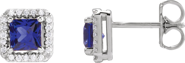 Platinum Lab-Grown Blue Sapphire Square 4-Prong Halo-Style Earring