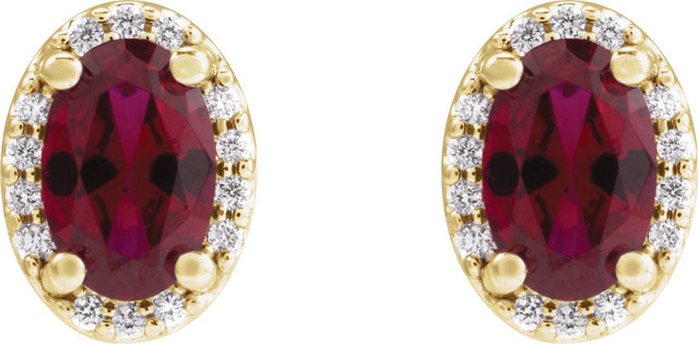 14K Gold Lab-Grown Ruby Oval 4-Prong Halo-Style Low Stud Earring - Yellow Gold - view 2