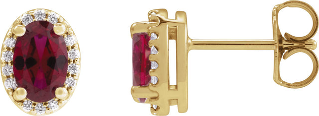 14K Gold Lab-Grown Ruby Oval 4-Prong Halo-Style Low Stud Earring - Yellow Gold