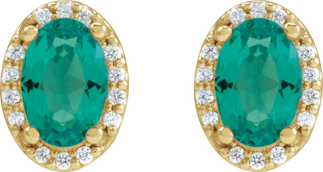 14K Gold Lab-Grown Emerald Oval 4-Prong Halo-Style Low Stud Earring - Yellow Gold - view 2
