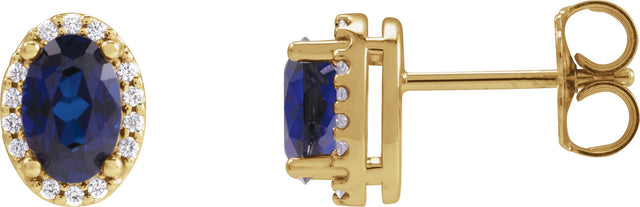 14K Gold Lab-Grown Blue Sapphire Oval 4-Prong Halo-Style Low Stud Earring - Yellow Gold