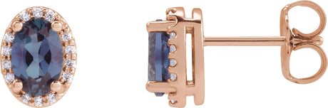 14K Gold Lab-Grown Alexandrite Oval 4-Prong Halo-Style Low Stud Earring - Rose Gold