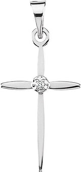 14K Gold Round Natural Diamond Accented Cross Pendant – 1mm Stones - White Gold