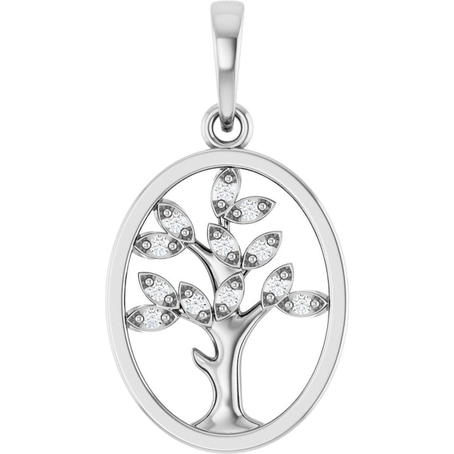 14K Gold Round Natural Diamond Tree of Life Pendant - White Gold