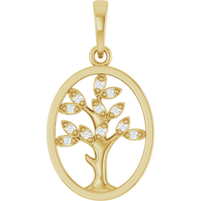 14K Gold Round Natural Diamond Tree of Life Pendant - Yellow Gold
