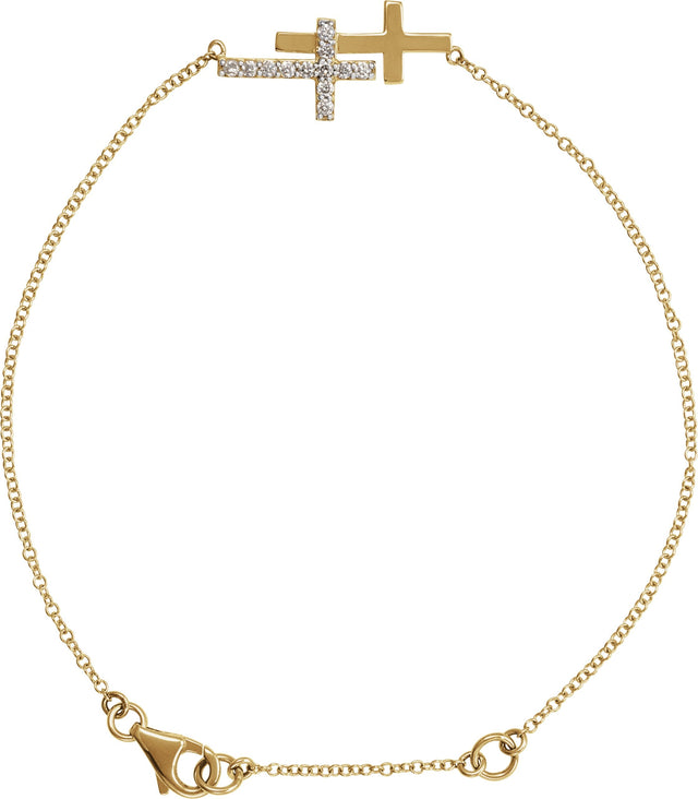 14K Gold Round Natural Diamond Sideways Cross Bracelet – 21x11mm - Yellow Gold