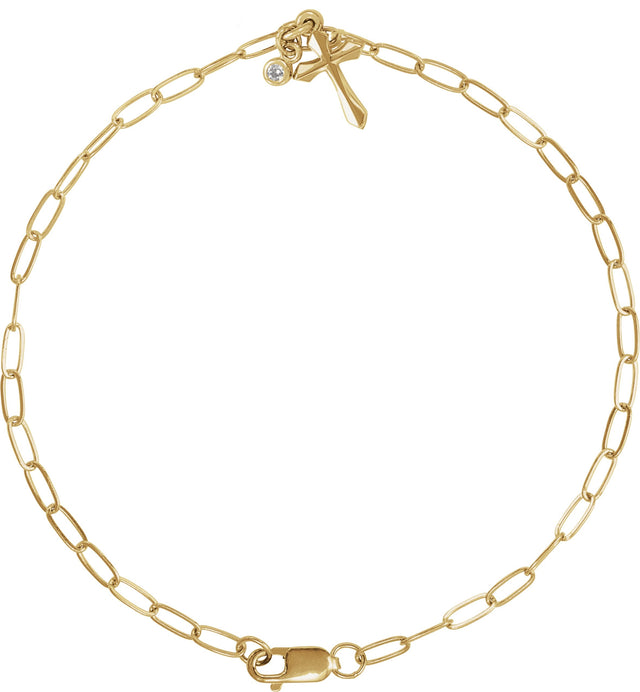 14K Gold Round Natural Diamond Cross Charm Bracelet - Yellow Gold