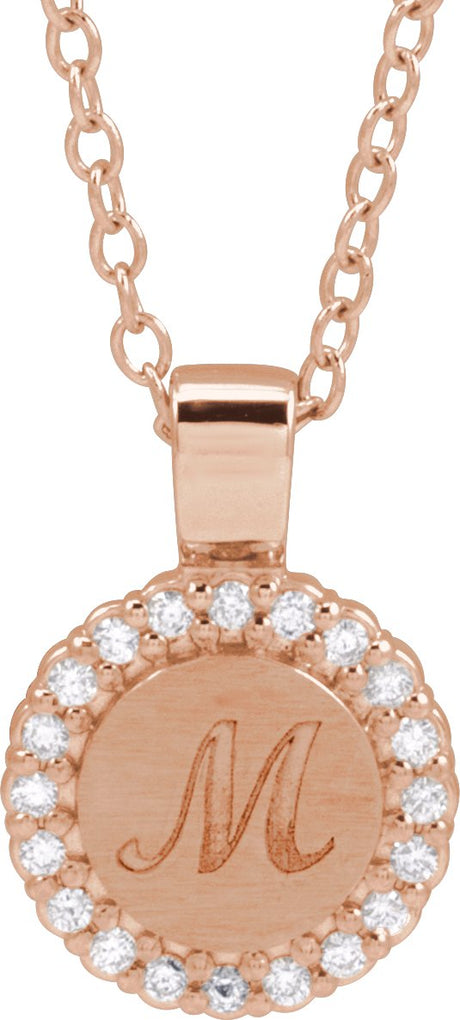 14K Gold Round Natural Diamond Engravable Accented Necklace or Pendant – 1/8 CTW - Rose Gold