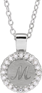 14K Gold Round Natural Diamond Engravable Accented Necklace or Pendant – 1/8 CTW - White Gold