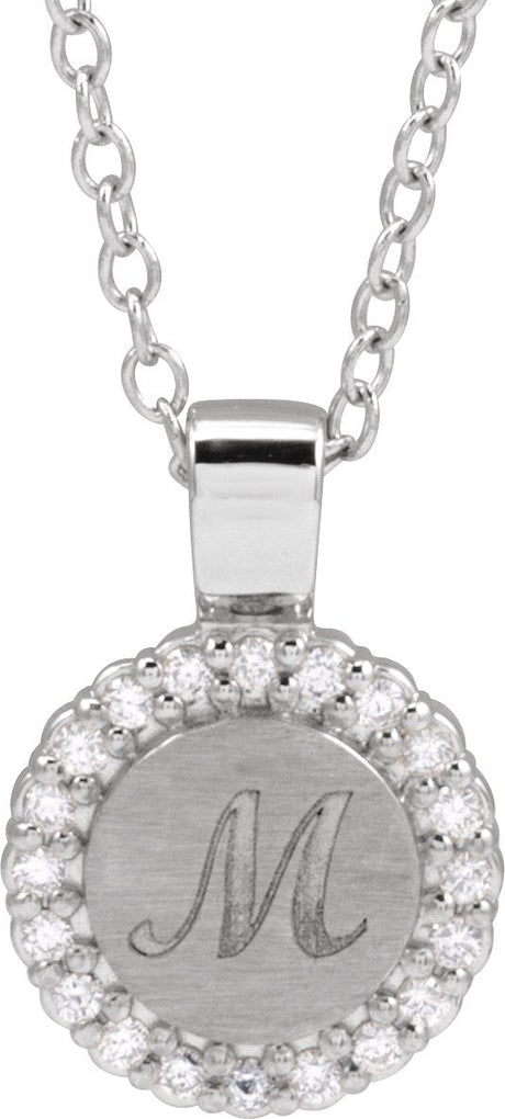 14K Gold Round Natural Diamond Engravable Accented Necklace or Pendant – 1/8 CTW - White Gold