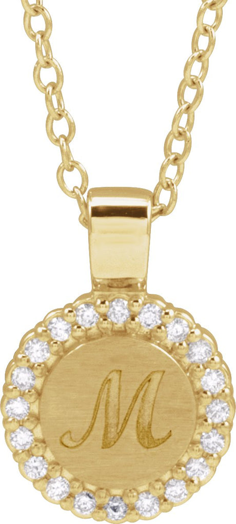 14K Gold Round Natural Diamond Engravable Accented Necklace or Pendant – 1/8 CTW - Yellow Gold