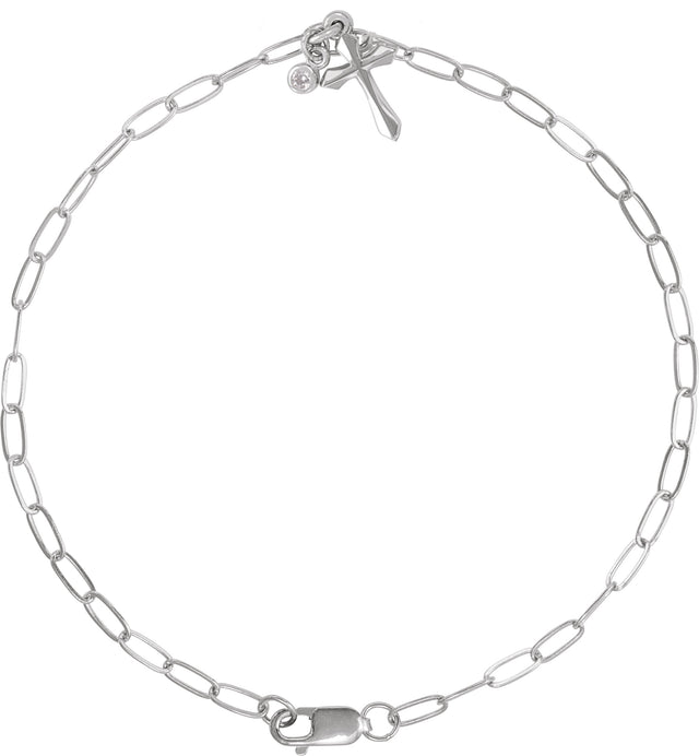 14K Gold Round Natural Diamond Cross Charm Bracelet - White Gold
