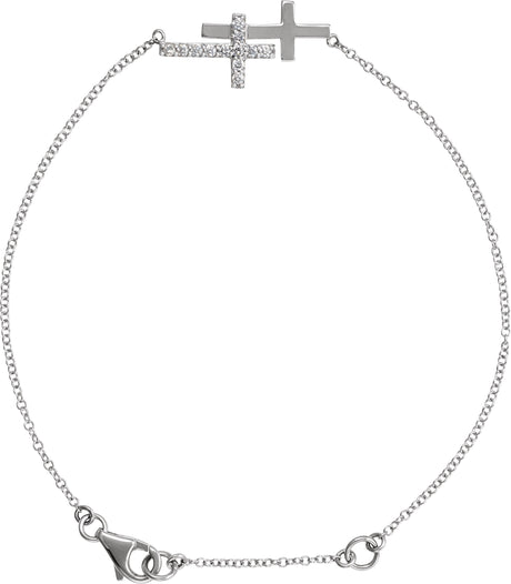 14K Gold Round Natural Diamond Sideways Cross Bracelet – 21x11mm - White Gold