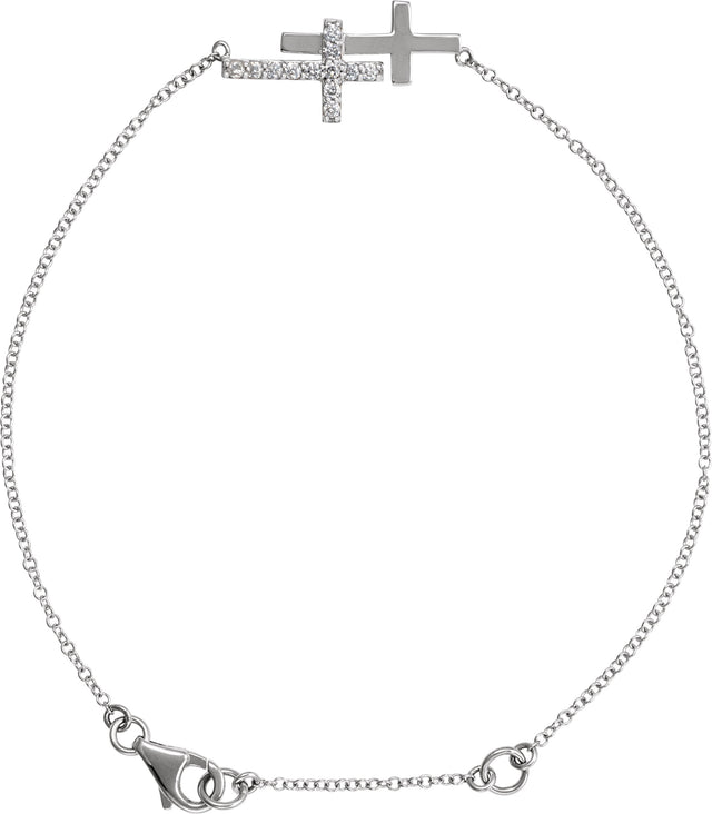 14K Gold Round Natural Diamond Sideways Cross Bracelet – 21x11mm - White Gold