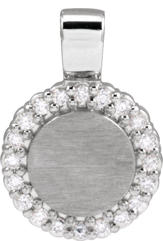 14K Gold Round Natural Diamond Engravable Accented Necklace or Pendant – 1/8 CTW - White Gold
