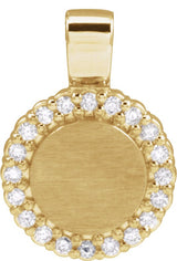 14K Gold Round Natural Diamond Engravable Accented Necklace or Pendant – 1/8 CTW - Yellow Gold
