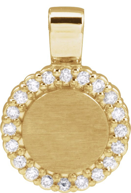14K Gold Round Natural Diamond Engravable Accented Necklace or Pendant – 1/8 CTW - Yellow Gold