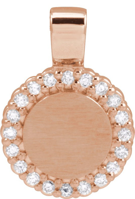 14K Gold Round Natural Diamond Engravable Accented Necklace or Pendant – 1/8 CTW - Rose Gold