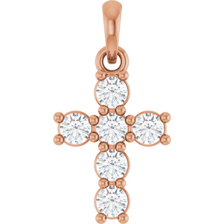 14K Gold Round Lab-Grown Diamond Accented Cross Necklace or Pendant – up to 1 1/2 CTW - Rose Gold