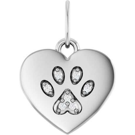 14K Gold Round Natural Diamond Engravable Paw Print Heart Pendant - White Gold