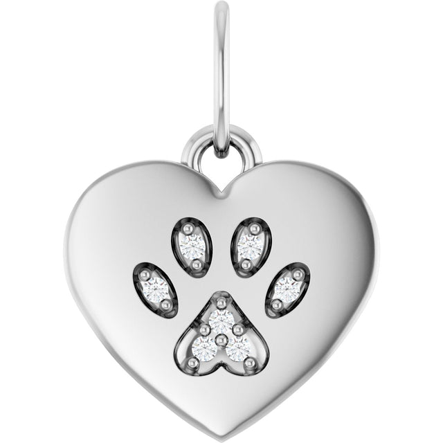 Platinum Round Natural Diamond Engravable Paw Print Heart Pendant