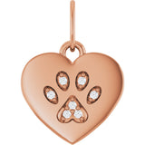 14K Gold Round Natural Diamond Engravable Paw Print Heart Pendant - Rose Gold