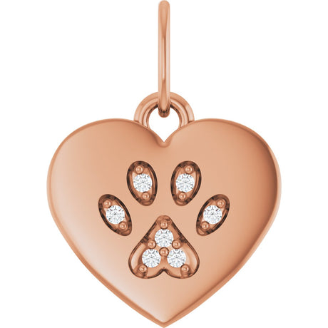 14K Gold Round Natural Diamond Engravable Paw Print Heart Pendant - Rose Gold