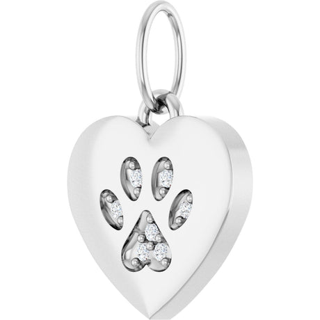 Platinum Round Natural Diamond Engravable Paw Print Heart Pendant - view 2