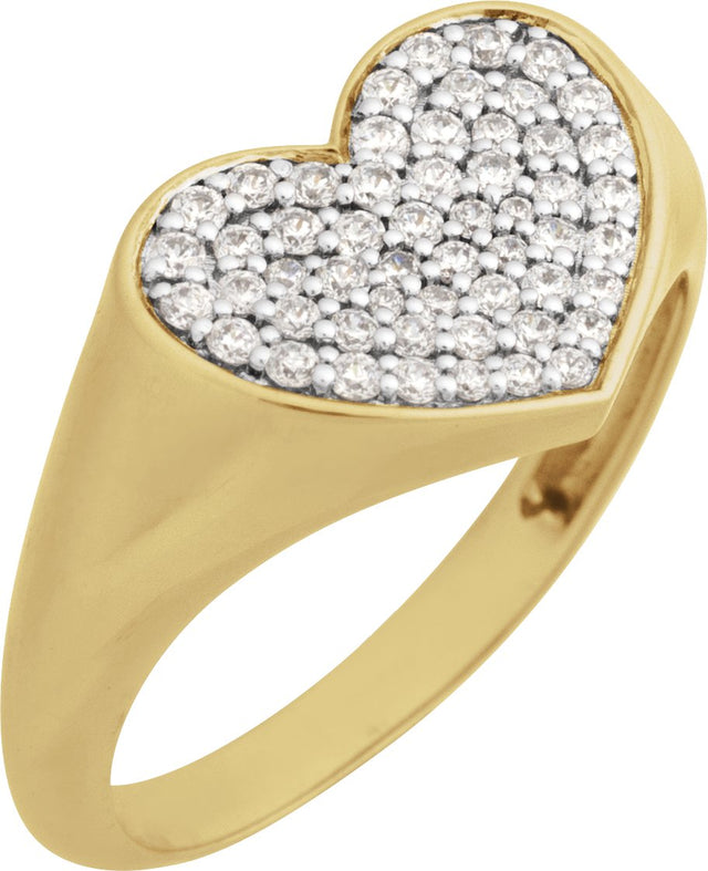 14K Gold Round Natural Diamond Pavé-Style Heart Signet Ring - Yellow Gold
