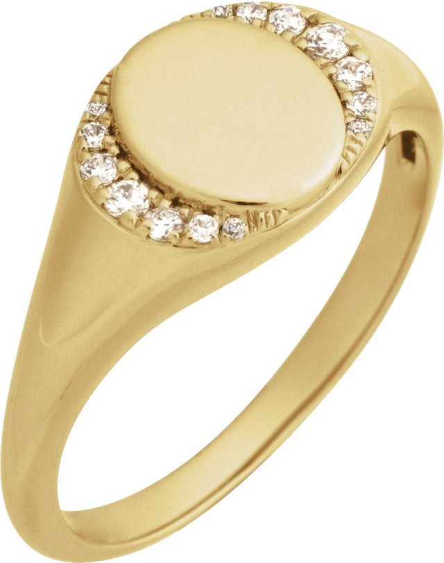 14K Gold Round Natural Diamond Engravable Accented Signet Ring – 1/10 CTW - Yellow Gold
