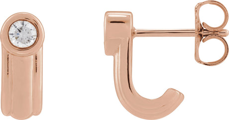 14K Gold Round Natural Diamond Solitaire J-Hoop Earrings - Rose Gold