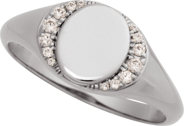 14K Gold Round Natural Diamond Engravable Accented Signet Ring – 1/10 CTW - White Gold - view 4
