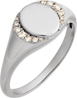 14K Gold Round Natural Diamond Engravable Accented Signet Ring – 1/10 CTW - White Gold