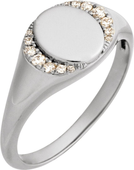 14K Gold Round Natural Diamond Engravable Accented Signet Ring – 1/10 CTW - White Gold