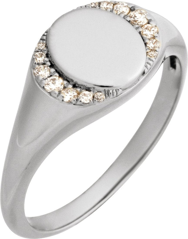 14K Gold Round Natural Diamond Engravable Accented Signet Ring – 1/10 CTW - White Gold